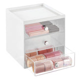 mDesign Plastic Makeup Organizer Storage Station Cube with 3 Drawers for Bathroom Vanity, Cabinet, Countertops - Holds Lip Gloss, Eyeshadow Palettes, Brushes, Blush, Mascara - White/Clear