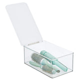 mDesign Bathroom Plastic Stackable Storage Box Container, Hinged Lid - Cabinet, Vanity Organizer for Toiletries, Makeup, First Aid, Hair Accessories, Bar Soap, Loofahs, Bath Salts - Clear/White