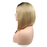 Karissa Hair Short Bob Lace Front Wigs for Women Ombre Blonde Side Part Heat Resistant Synthetic Lace Front Wig Dark Root Blonde Short Haircut Hand Tied Replacement Full Wig