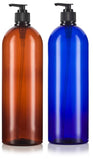 Amber and Cobalt Blue 32 oz Large Boston Round PET Plastic Bottles (BPA Free) with Black Lotion Pump Set -2 PACK