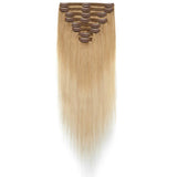 S-noilite Clip in Human Hair Extensions Dip-Dye Ombre Thick True Double Weft 100% Remy Human Hair Full Head 8 Pieces 18 Clips Straight Silky (18 Inch - 140g, Dark Blonde/Bleach Blonde(#T27/613))