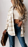 Women's Casual Color Block Plaid Wool Blend Shirt Jacket Coat Long Sleeve Button
