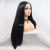 Xiweiya Wigs Silky Straight Black Wig for Women's Long Hair Synthetic Lace Front Wigs for Black Women Glueless Heat Resistant Fiber Hair With Middle Part Half Hand Tied 28inch
