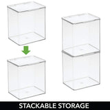 mDesign Plastic Stackable Plastic Bathroom Vanity Countertop Storage Cosmetic Organizer Box with Hinged Lid for Makeup, Beauty, Hair, Nail Supplies - Pack of 4, Includes 32 Labels - Clear