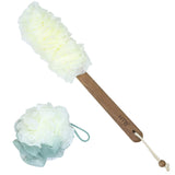 Wooden Handle Loofah and Poufs Set, Teak Wood Long Handle Soft Body Luffa Set for Men & Woman Included 1 Loofah Sponge On a Stick, 1 Exfoliating Shower Pouf By HTB
