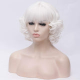 BERON 12" Womens Short Bob Curly Wavy Wig with Bangs Synthetic Party Halloween Wigs Wig Cap Included (White)