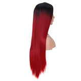 DLME Red Lace Front Wig Glueless Natural Hairline Middle Part High Temperatutre Fiber Long Straight Wig with Dark Roots Wigs For Women