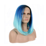 Drag Queen Sapphire blue/Sky blue Bob Wigs Ombre Black Roots Glueless Natural Hairline Middle Part Synthetic Lace Front Wigs for Women Summer Cool Cosplay Party Shoulder Length Hair 14"