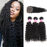 Malaysian 8 A Virgin Human Hair 3 Bundles with Lace Closure Curly Hair Extensions Natural Color (12 14 16+10C, deep wave)