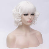 BERON 12" Womens Short Bob Curly Wavy Wig with Bangs Synthetic Party Halloween Wigs Wig Cap Included (White)