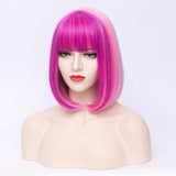 PATTNIUM Short Purple Bob Wig with Bangs for Women Rose Net Synthetic Girl's Cosplay Halloween Costume Party Wig (Pink Purple)