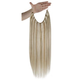 Runature Fish Line Halo Hair Extension 10 Inch 8P60 Light Brown with Platinum Blonde Hidden Invisible Crown 50g Human Short Hair Extension
