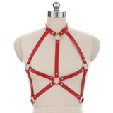 Crysly Punk PU Leather Bra Chest Chain Harness Red Waist Chain Body Chain Ring Belt for Women and Girls