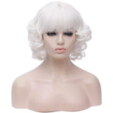 BERON 12" Womens Short Bob Curly Wavy Wig with Bangs Synthetic Party Halloween Wigs Wig Cap Included (White)