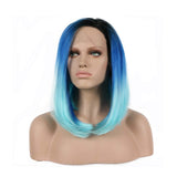 Drag Queen Sapphire blue/Sky blue Bob Wigs Ombre Black Roots Glueless Natural Hairline Middle Part Synthetic Lace Front Wigs for Women Summer Cool Cosplay Party Shoulder Length Hair 14"