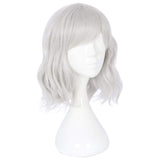 14" Women Short Bob Wig with Bangs Curly Wavy Costume Harajuku Lolita Synthetic Cute Daily Party Cosplay Hair(silver white)