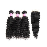 Malaysian 8 A Virgin Human Hair 3 Bundles with Lace Closure Curly Hair Extensions Natural Color (12 14 16+10C, deep wave)