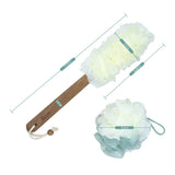 Wooden Handle Loofah and Poufs Set, Teak Wood Long Handle Soft Body Luffa Set for Men & Woman Included 1 Loofah Sponge On a Stick, 1 Exfoliating Shower Pouf By HTB