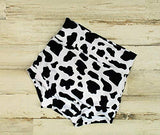 Highwaisted Black and White Cow print Bummies, Baby Shorts, Multiple Sizes