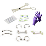 Nipple piercing Kit 16g Disposable Forceps, Gloves, Alcohol Pads, Needles and Jewelry Surgical Steel