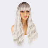 Ombre Silver Long Wavy Wigs with Bangs, 23 inch Synthetic Heat Resistant Dark Roots Curly Gray Cosplay Wigs for Women