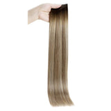 Full Shine Tape in Hair Extensions Remy Human Hair 12 Inch Glue in Hair Extensions 3 Dark Brown Fading to Ash Brown and Blonde Seamless Tape in Hair Double Sided