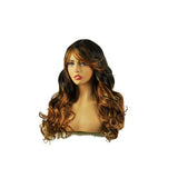 MYCHANSON Mixed long wavy Wigs with bangs 3 Tones Brown 22 Inch Long Curly wavy Full Natural Women Heat Resistant Synthetic Hair Highlights Wig Side Part Custom Party Wig