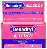 Benadryl Ultratabs Antihistamine Allergy Relief Tablets, Diphenhydramine HCl 25mg, 100 ct