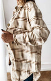 Women's Casual Color Block Plaid Wool Blend Shirt Jacket Coat Long Sleeve Button
