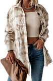 Women's Casual Color Block Plaid Wool Blend Shirt Jacket Coat Long Sleeve Button