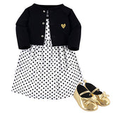 Hudson Baby Girls' Cotton Dress, Cardigan and Shoe Set, black Dot