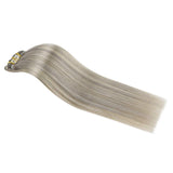 Fshine Clip in Hair Extensions Human Hair Double Weft Thick 100 Gram 18 Inch Natural Real Hair Clip on Individual 10 Pieces Full Head Balayage Clip ins Hair Gray Blonde Fading to Platinum Highlights