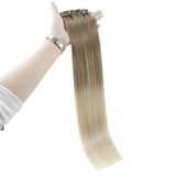 Full Shine Hair Extensions Clip Ins 10 Pieces Remy Balayage Clip In Hair Extensions Color 8 Ash Brown Fading to 60 Platinum Blonde Straight Clip Extensions Real Hair 12 Inch 80 Gram