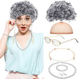 Old Lady Cosplay Set Granny Wig Cap Glasses Chain Cords Faux Pearl Bead