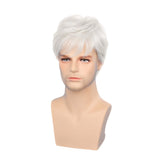 Men‘s White Wigs Short Layered Natural Cosplay Costume Synthetic Heat Resistant Replacement Wig with Wig Cap