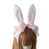 Easter Party Hair Accessory Headband Gothic Lolita Cosplay Cute Rabbit Bunny Ears Bow Lace Hair Band Headwear (Pink)
