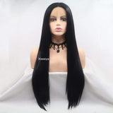 Xiweiya Wigs Silky Straight Black Wig for Women's Long Hair Synthetic Lace Front Wigs for Black Women Glueless Heat Resistant Fiber Hair With Middle Part Half Hand Tied 28inch