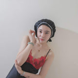 SUPERLIKE 100 Percent Silk Sleeping Cap for Women Night Cap Pure Mulberry Silk Traceless Adjustable Hat Black Color