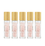 Furnido 5 Pack 10ml Clear Glass Roll On Bottle For Essential Oils,Refillable Roller Bottle With Natural Crystal Gemstone Roller Balls Top,Bamboo Lid-Healing Crystal Chips Inside (Rose Quartz)