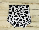 Highwaisted Black and White Cow print Bummies, Baby Shorts, Multiple Sizes