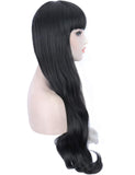 Sotica 26” Long Wavy Curly Wigs 2 Tones Half Black and Half Silver White Wigs with Flat Hair Bangs Natural Looking Heat Resistant Synthetic Full Hair Wigs for Women