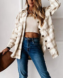 Women's Casual Color Block Plaid Wool Blend Shirt Jacket Coat Long Sleeve Button