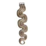 Moresoo 24 Inch Double Sided Wave Tape in Remy Human Hair Extensions Ash Blonde Mixed Bleach Blonde Human Hair Wave Hair Extensions PU Tape ins #P18/613 BW 50G/20pcs