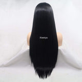 Xiweiya Wigs Silky Straight Black Wig for Women's Long Hair Synthetic Lace Front Wigs for Black Women Glueless Heat Resistant Fiber Hair With Middle Part Half Hand Tied 28inch