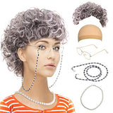 Old Lady Costume Set-Grandmother Wig,Wig Caps,Madea Granny Glasses