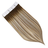 Full Shine Tape in Hair Extensions Remy Human Hair 12 Inch Glue in Hair Extensions 3 Dark Brown Fading to Ash Brown and Blonde Seamless Tape in Hair Double Sided