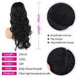 LEOSA 24 Inch Long Body Wave Ponytail Extension Drawstring Heat Resistant Curly Wavy Synthetic Wrap Around Ponytail Black Hairpiece for Women (Black)