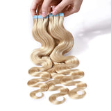 14 Inch Tape in Hair Extensions Body Wavy Human Hair 100g Thin Long Hair 40pcs/pack Seamless Skin Weft Glue in Wavy Hairpieces with Invisible Double Sided Tapes #613 Bleach Blonde