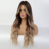 Blonde Unicorn Ombre Brown Hair Wig Synthetic Long Curly Hair Wigs for Women Middle Part Hair Replacement Wig with Bangs(10/22T85-8)