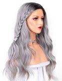 Persephone 2019 Long Grey Synthetic Wig Wavy Glueless Gray Ombre Wigs for Women 2 Tones Heat Resistant Hair with Middle Parting 22 Inches